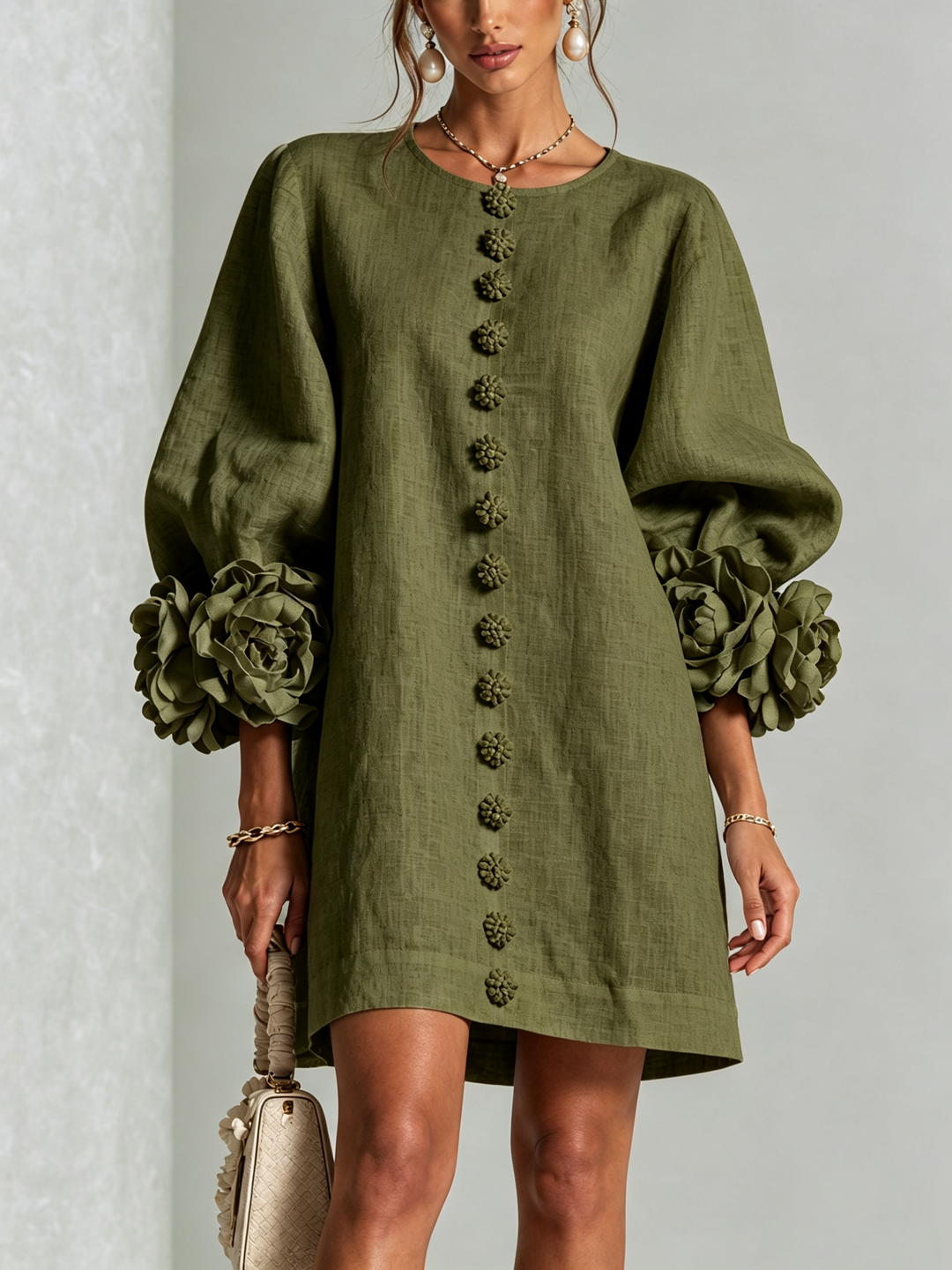 Linen-Blend Shirt Dress with Rosette Trim on the Sleeves.