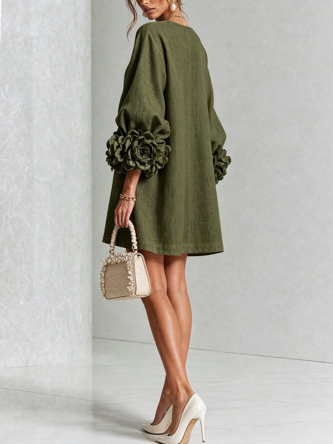 Linen-Blend Shirt Dress with Rosette Trim on the Sleeves.