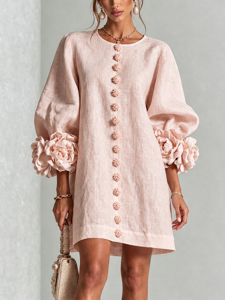 Linen-Blend Shirt Dress with Rosette Trim on the Sleeves.