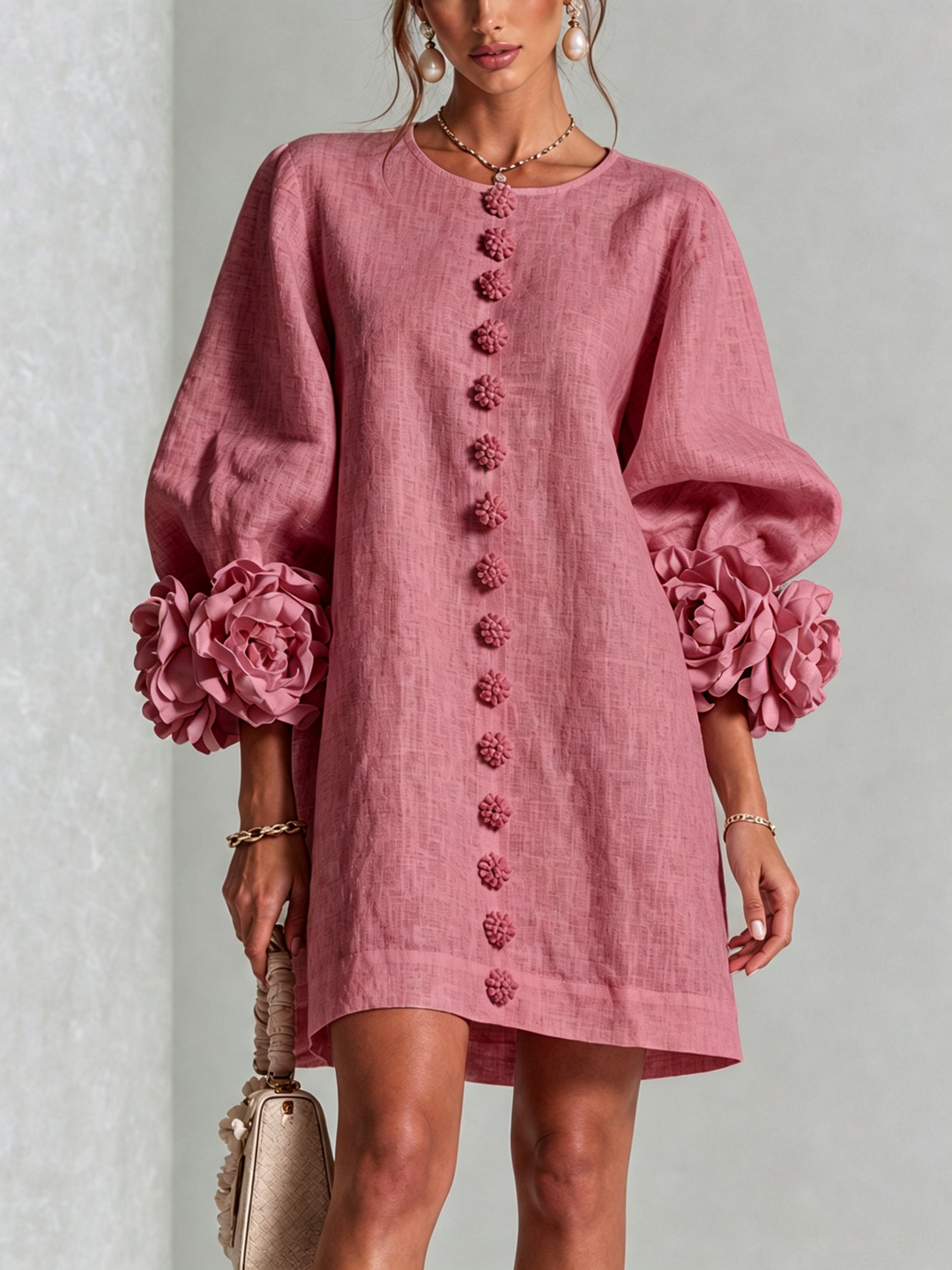 Linen-Blend Shirt Dress with Rosette Trim on the Sleeves.