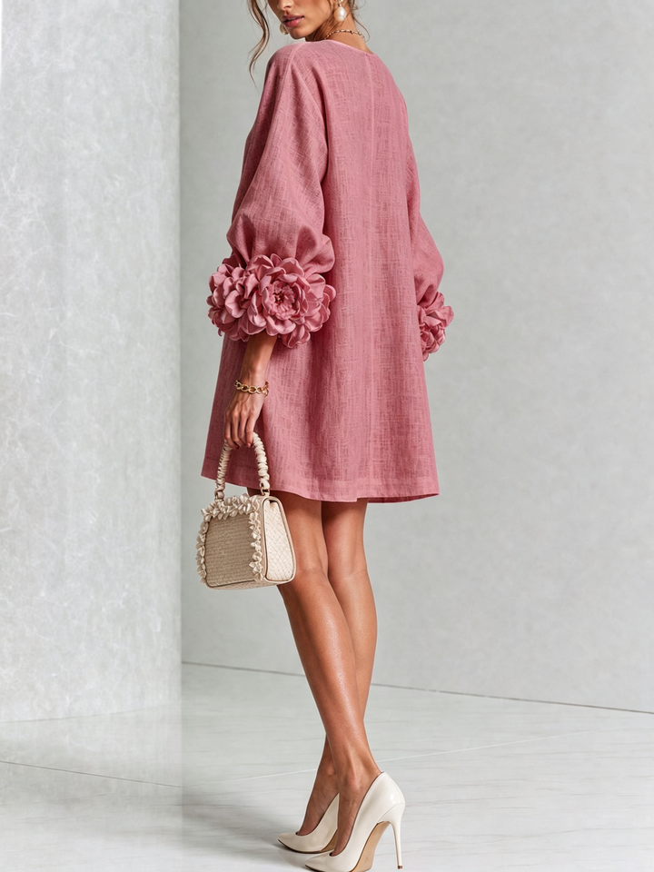 Linen-Blend Shirt Dress with Rosette Trim on the Sleeves.