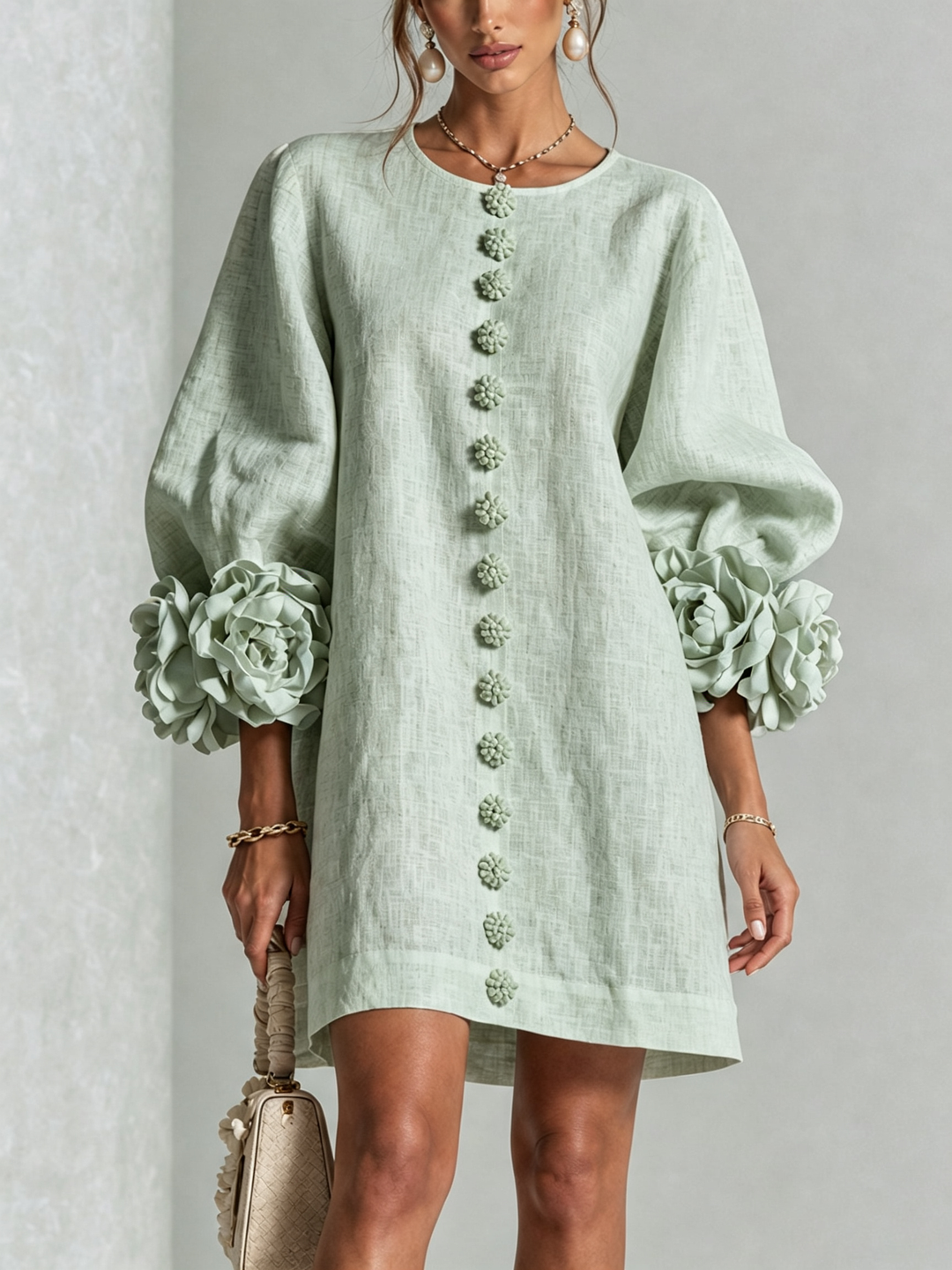 Linen-Blend Shirt Dress with Rosette Trim on the Sleeves.