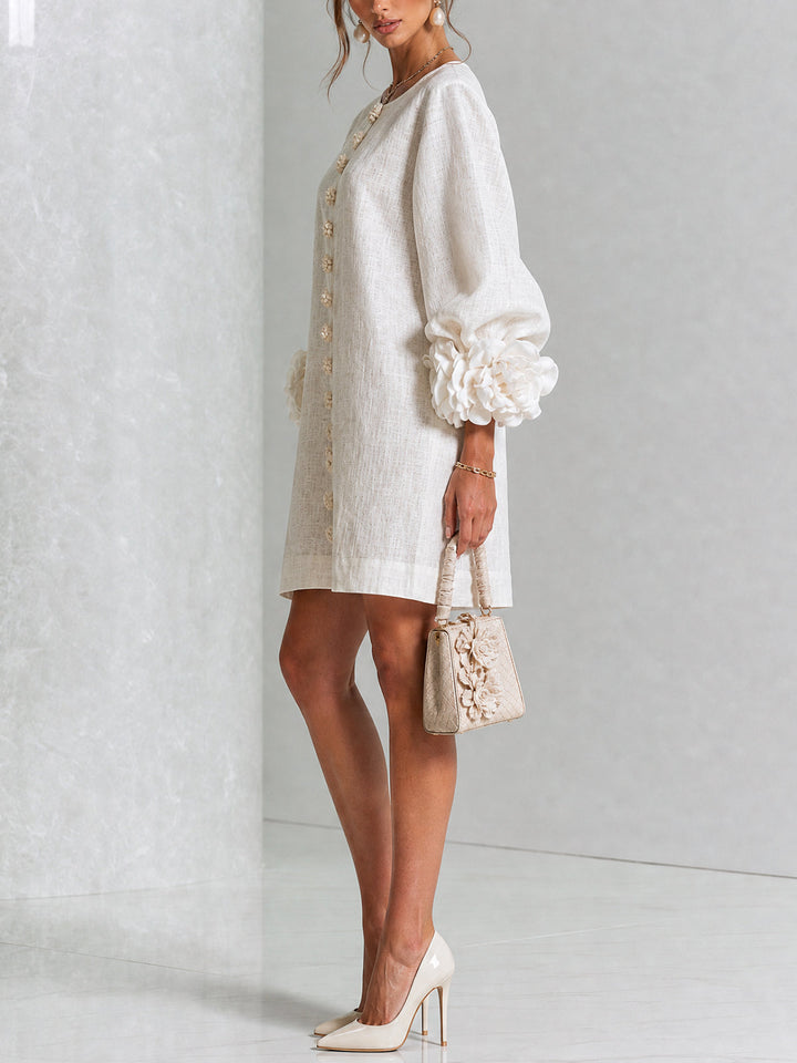Linen-Blend Shirt Dress with Rosette Trim on the Sleeves.