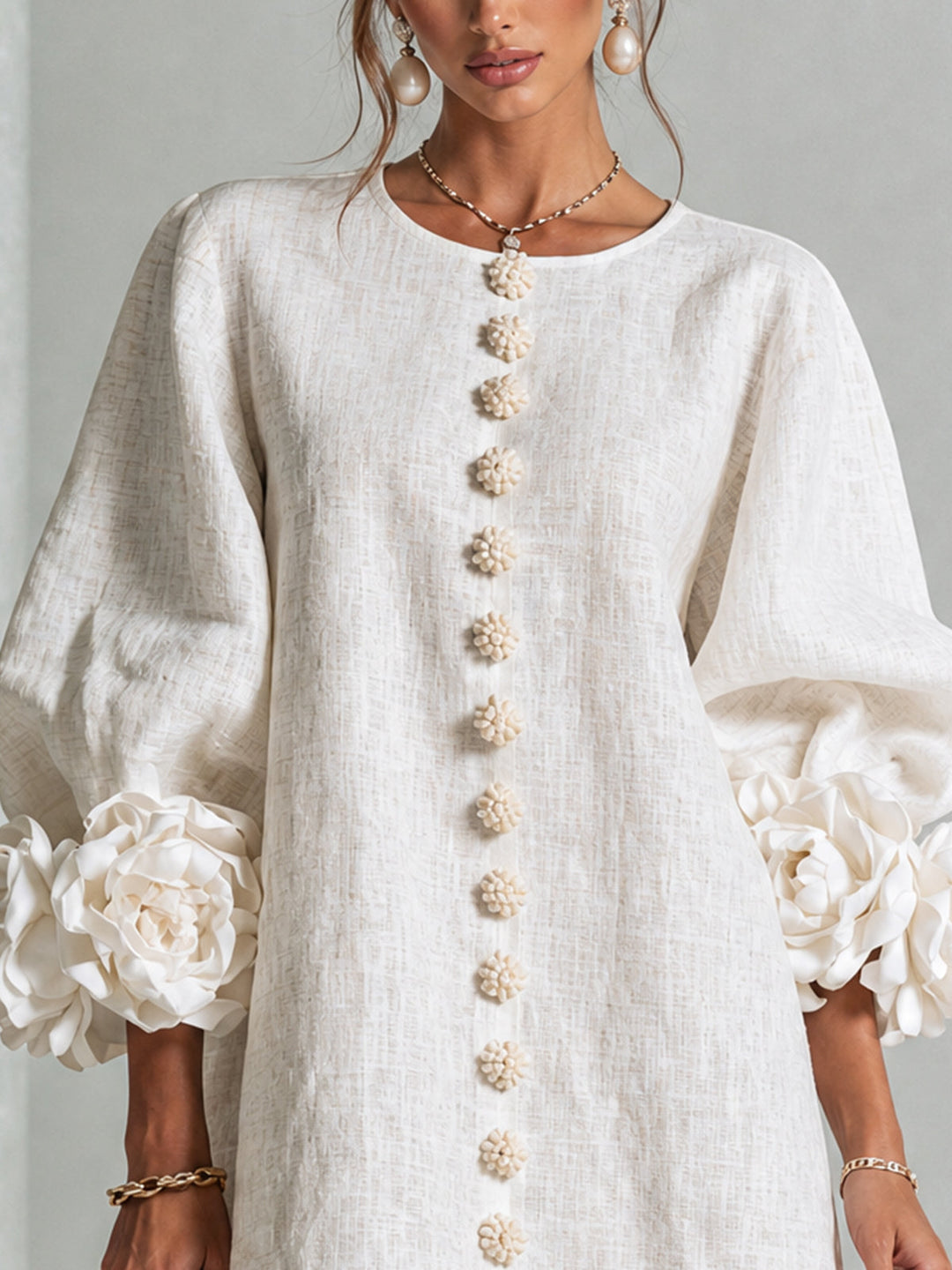 Linen-Blend Shirt Dress with Rosette Trim on the Sleeves.
