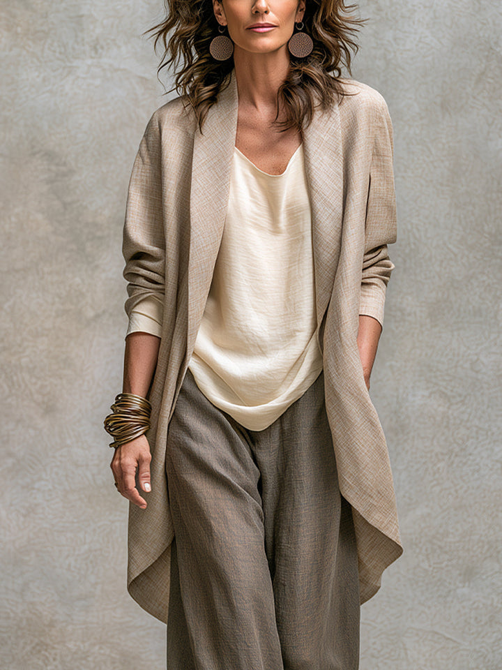 3-Piece Flowing Women's Set with Open Cardigan and Wide-Leg Trousers
