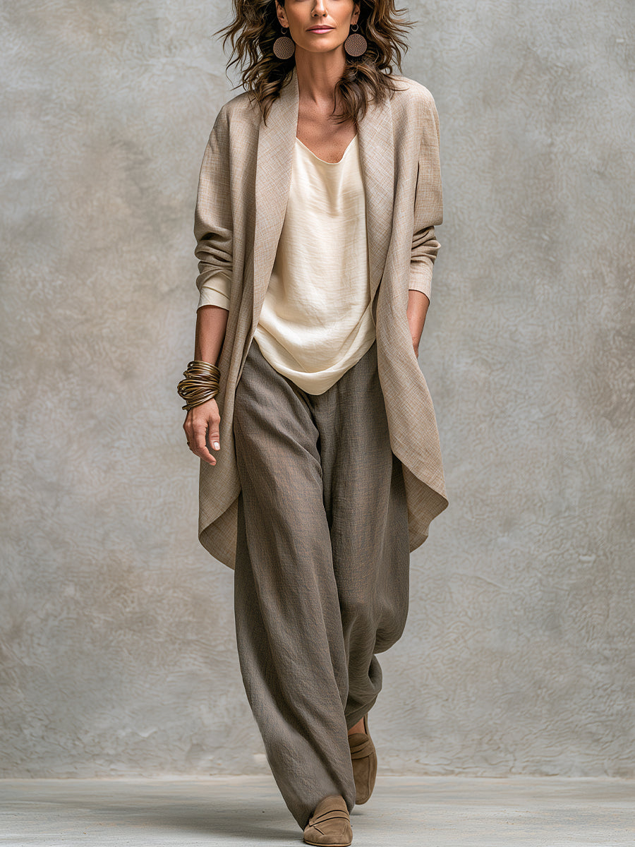 3-Piece Flowing Women's Set with Open Cardigan and Wide-Leg Trousers