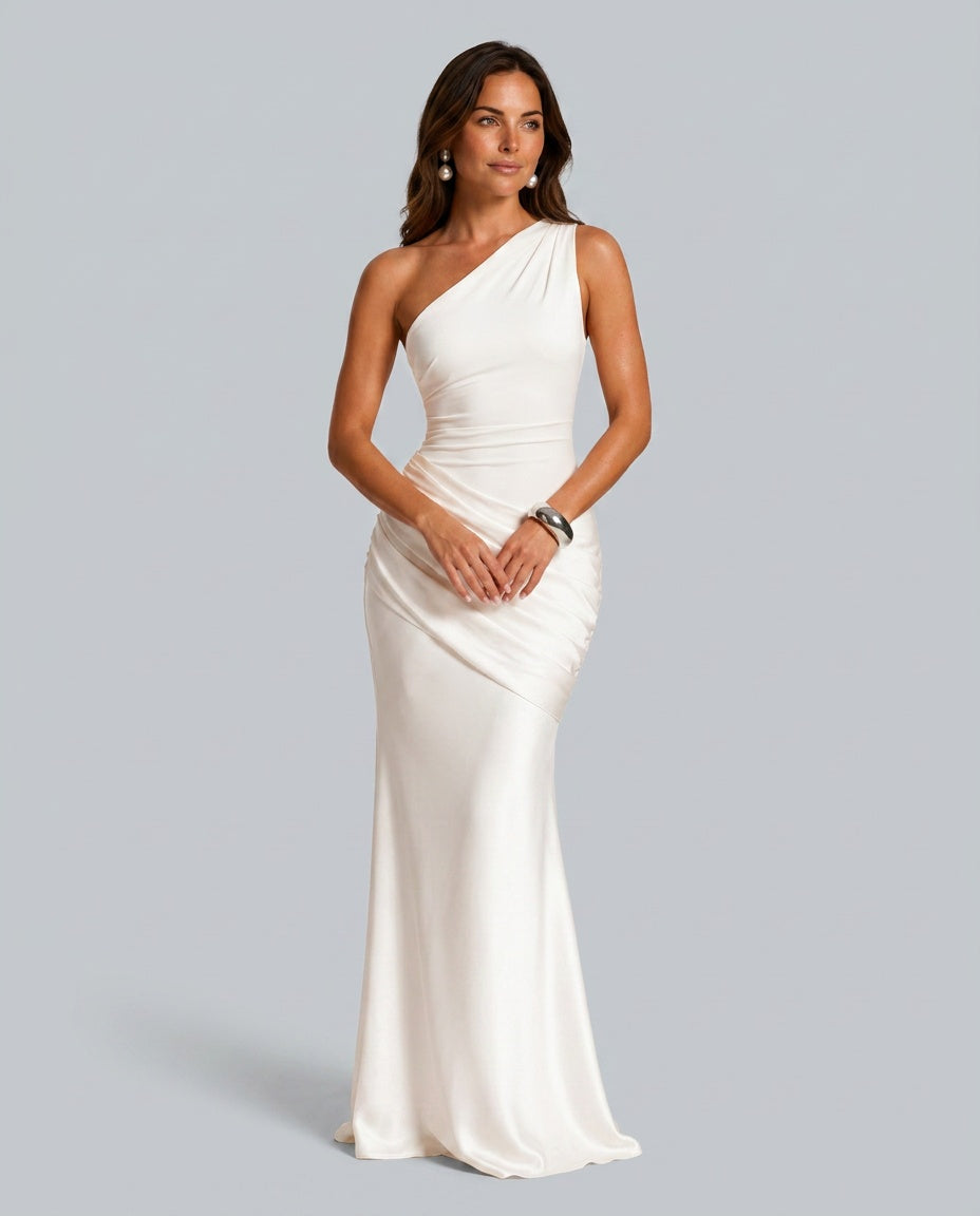 One-shoulder draped satin maxi dress