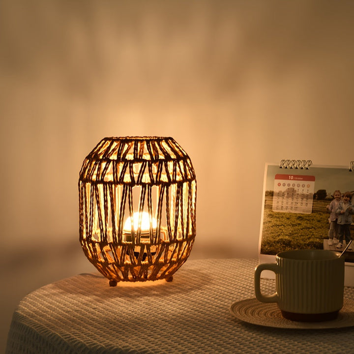 Bohemian Rattan Table Lamp – Handmade Light Accent for Bedroom or Living Space
