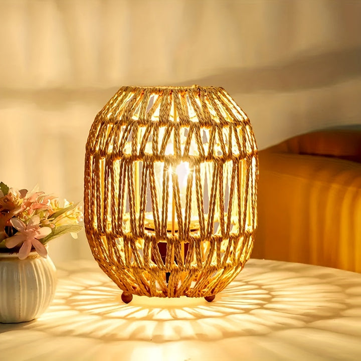 Bohemian Rattan Table Lamp – Handmade Light Accent for Bedroom or Living Space
