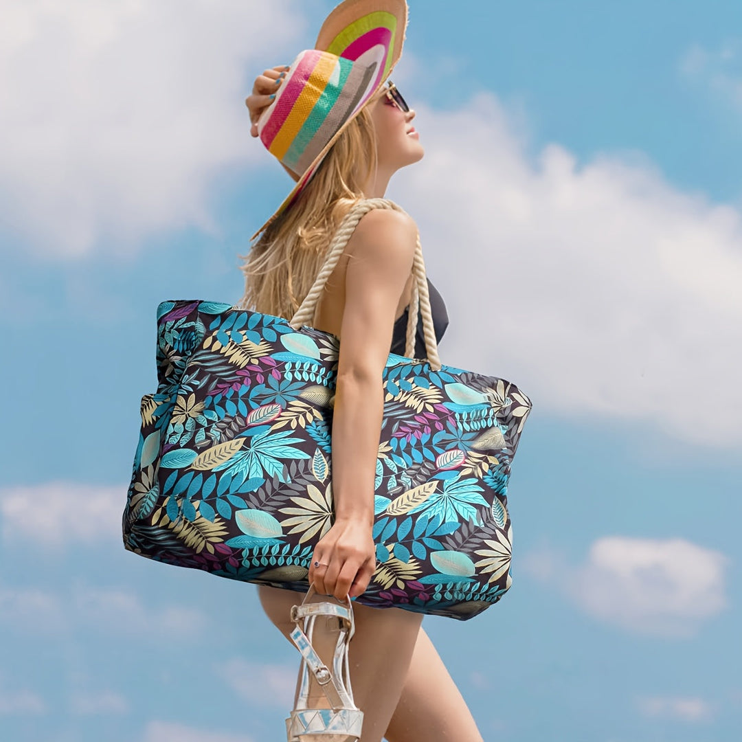 Large Fashionable Beach Bag with Leaf Print - Spacious, Durable and Perfect for Holidays