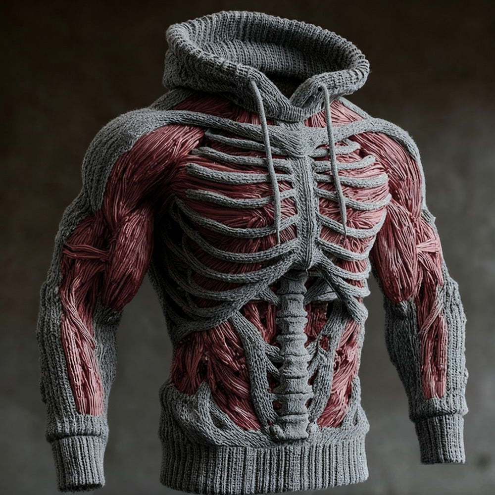 Men's Halloween Knitted Hoodie with 3D Skeleton Design, Long Sleeve