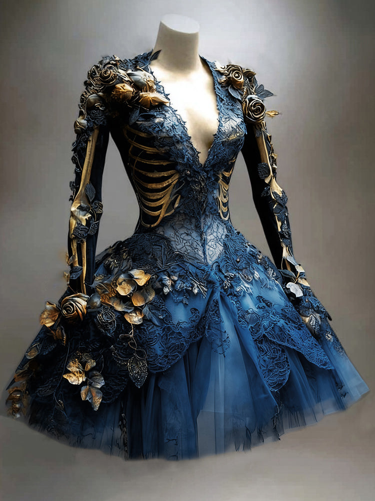 Gothic Skeleton Long-Sleeve Mini Dress for Halloween