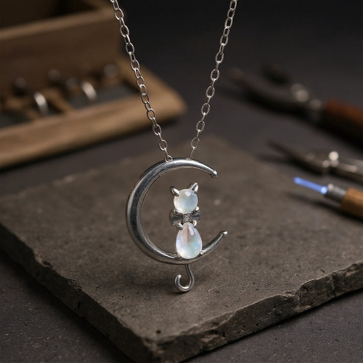 Moonstone Crescent Moon and Cat Necklace