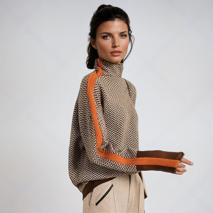 Women's High-Neck Jumper with Bold Contrast Stripes