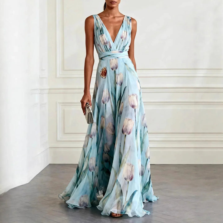Women's Maxi Dress for Wedding Guest V-Neck with Floral Print