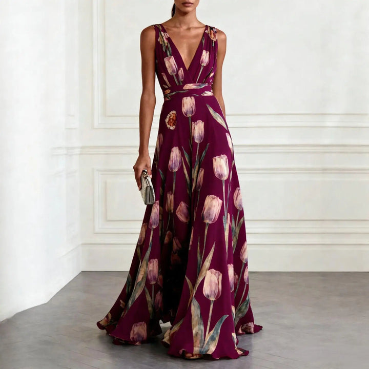 Women's Maxi Dress for Wedding Guest V-Neck with Floral Print