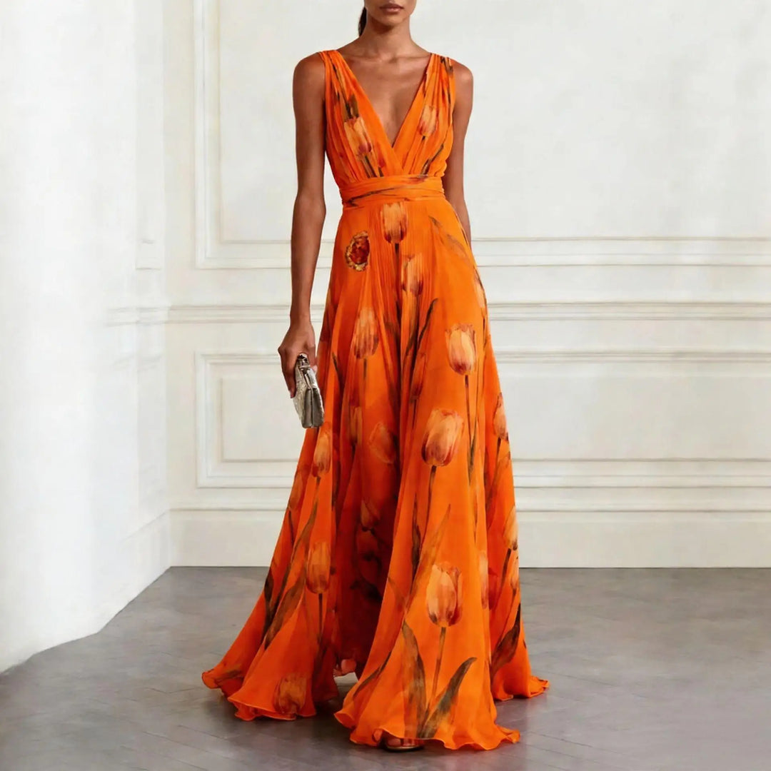 Women's Maxi Dress for Wedding Guest V-Neck with Floral Print