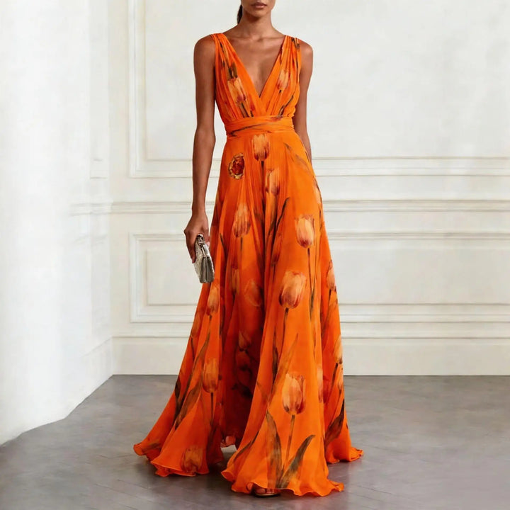 Women's Maxi Dress for Wedding Guest V-Neck with Floral Print