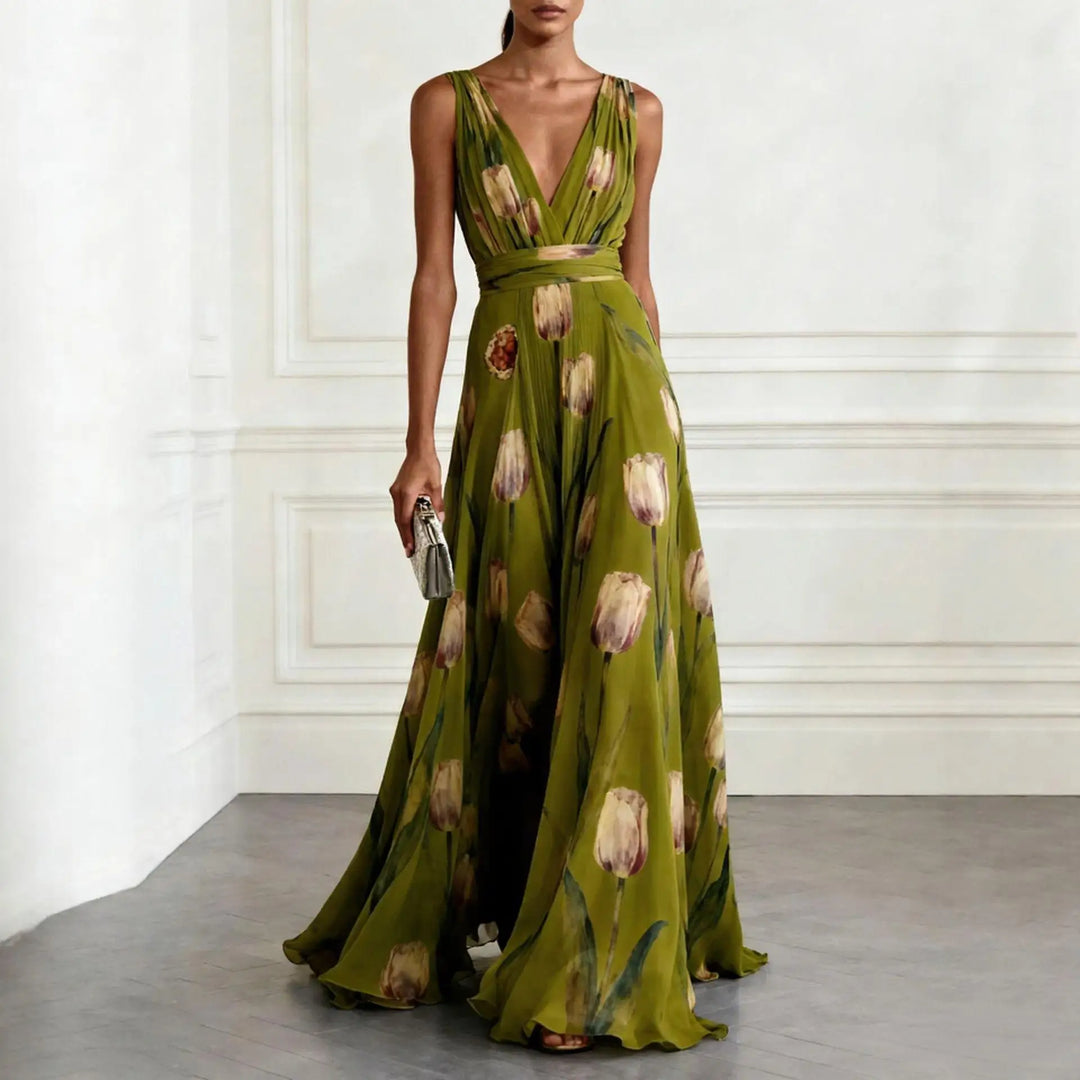 Women's Maxi Dress for Wedding Guest V-Neck with Floral Print
