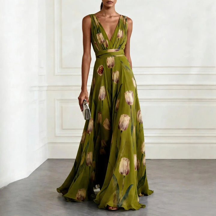 Women's Maxi Dress for Wedding Guest V-Neck with Floral Print