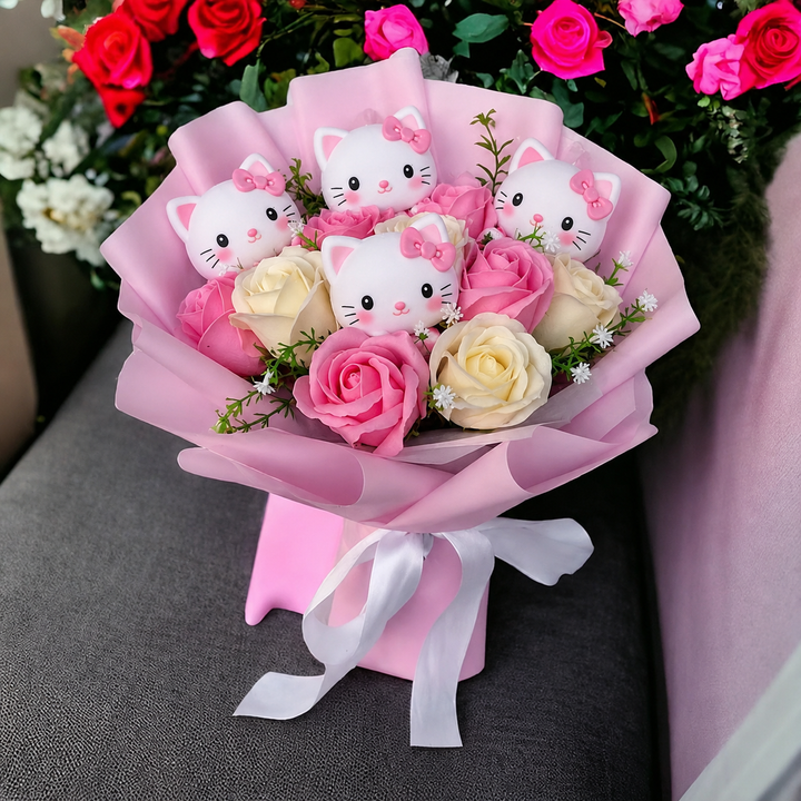 Colourful Synthetic Flower Bouquet With Kitty Figurines For Gifts And Decoration