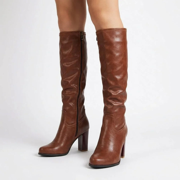 Leather Block Heel Knee High Boots