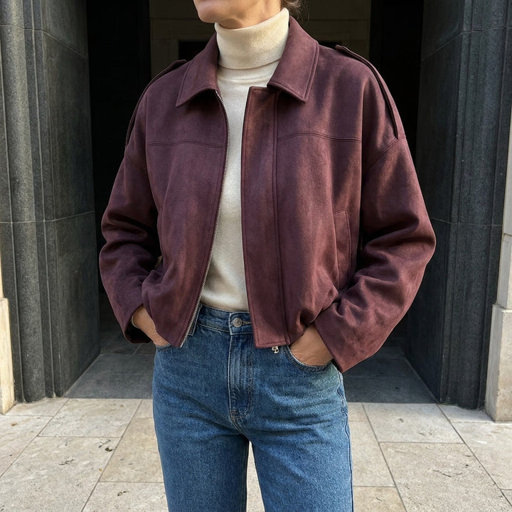Women's Suede Bomber Jacket Cropped with Tailored Fit