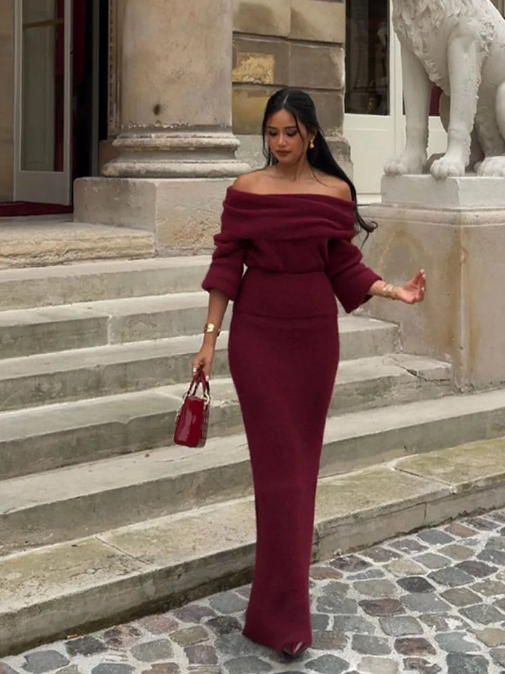 Eloah - Off Shoulder Pleated Knitted Maxi Dress