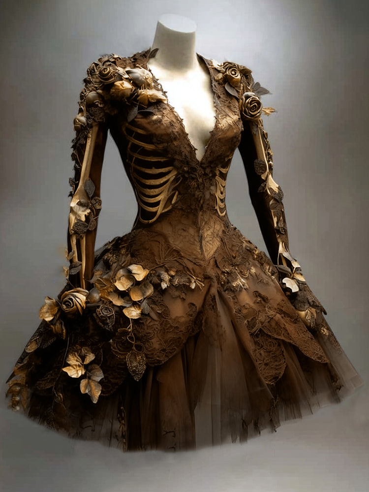 Gothic Skeleton Long-Sleeve Mini Dress for Halloween