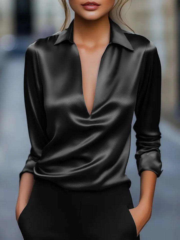 Women's satin blouse with V-neck and draped collar