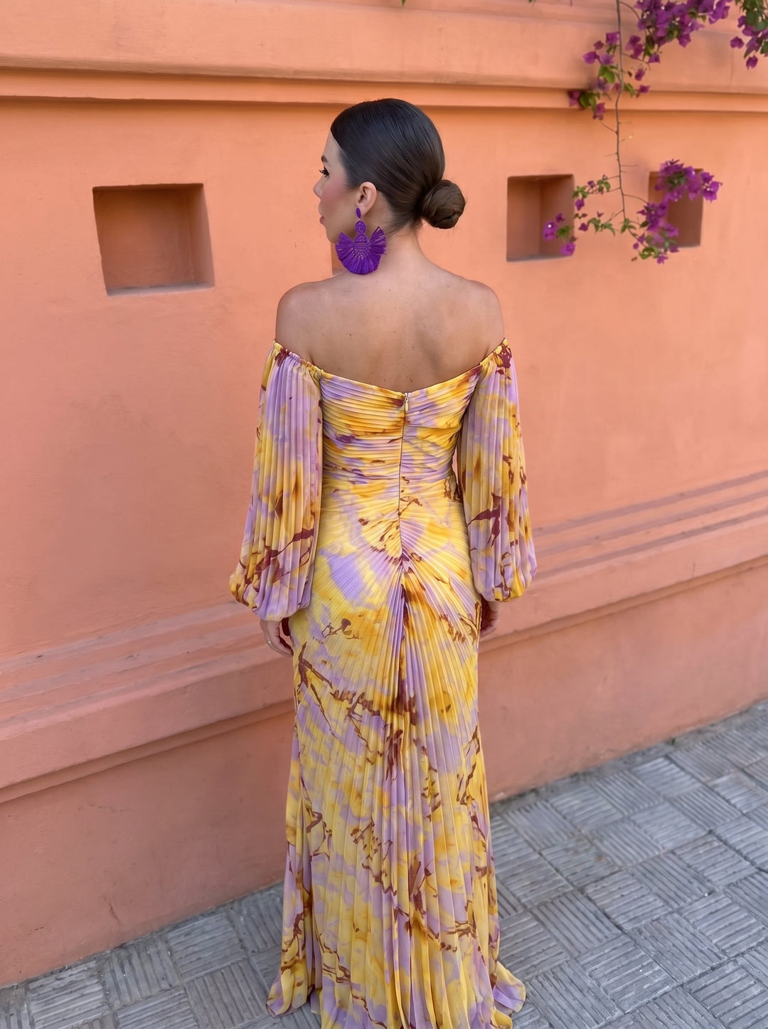 Women's Floral Maxi Dress with Off-Shoulder Neckline and Pleated Skirt