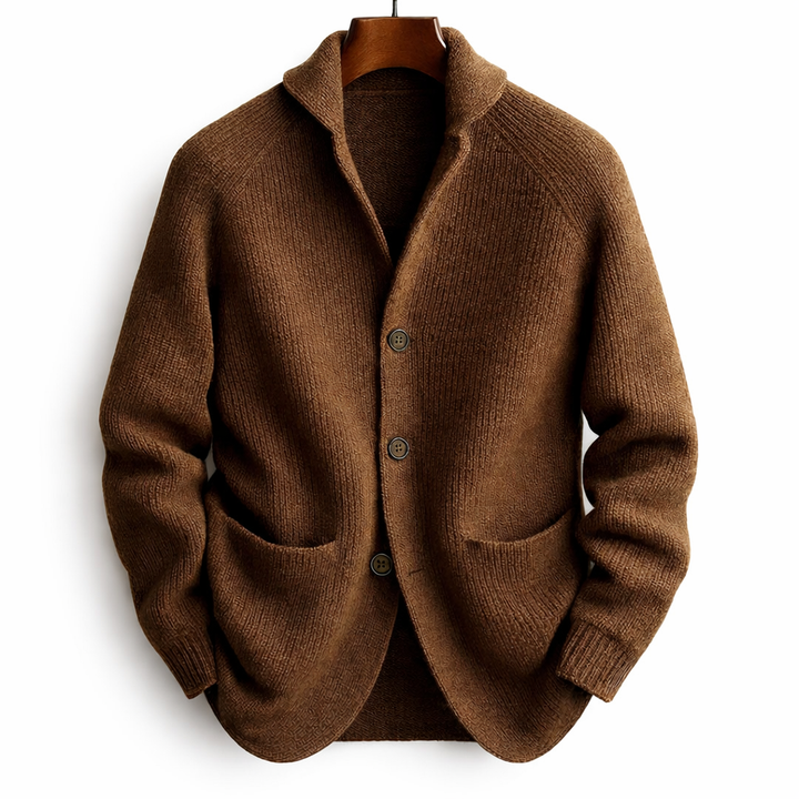 Classic cardigan with button placket, shawl collar and ribbed texture