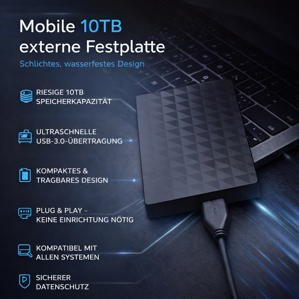 10TB Portable External Hard Drive, USB 3.0 Plug-and-Play Backup Storage