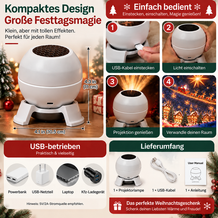 Christmas Projector Night Light for Walls and Ceilings – USB-Powered Festive Decoration