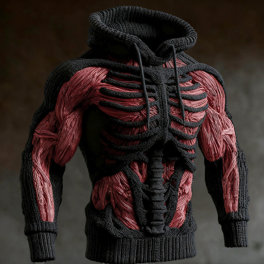 Men's Halloween Knitted Hoodie with 3D Skeleton Design, Long Sleeve