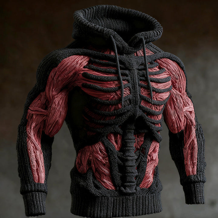 Men's Halloween Knitted Hoodie with 3D Skeleton Design, Long Sleeve