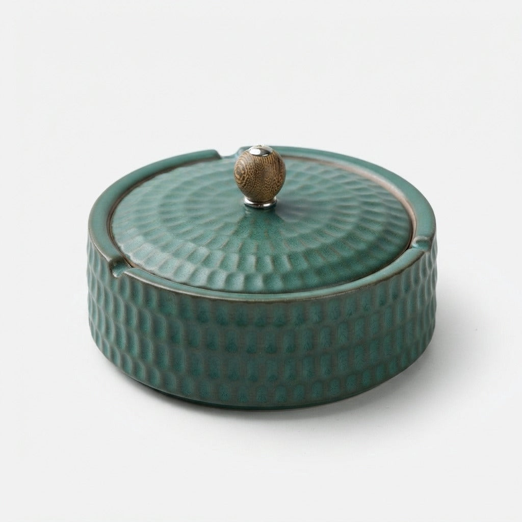 Handmade Ceramic Ashtray with Wooden Lid, 12.5 cm