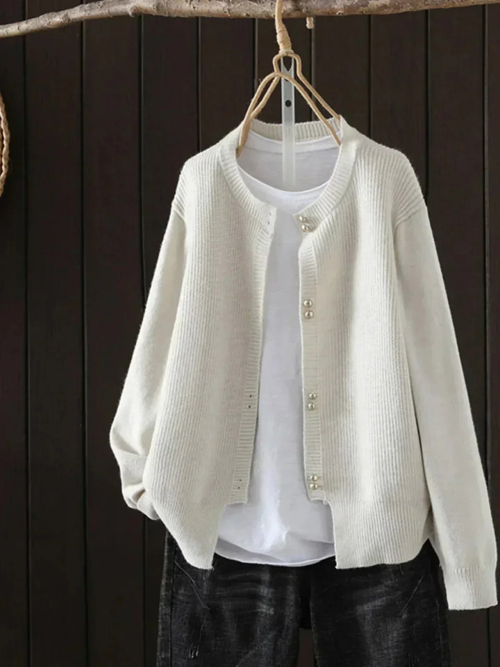Knit Button-Front Crew Neck Cardigan with Ribbed Texture