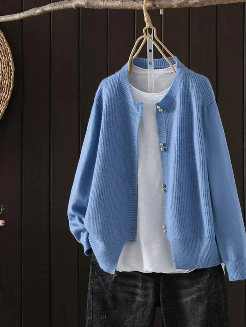 Knit Button-Front Crew Neck Cardigan with Ribbed Texture
