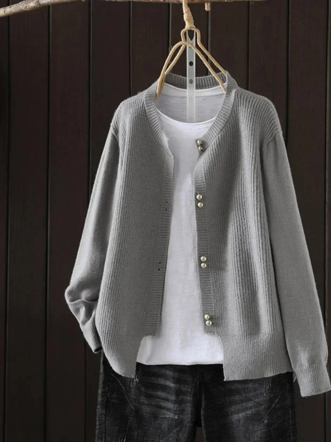 Knit Button-Front Crew Neck Cardigan with Ribbed Texture