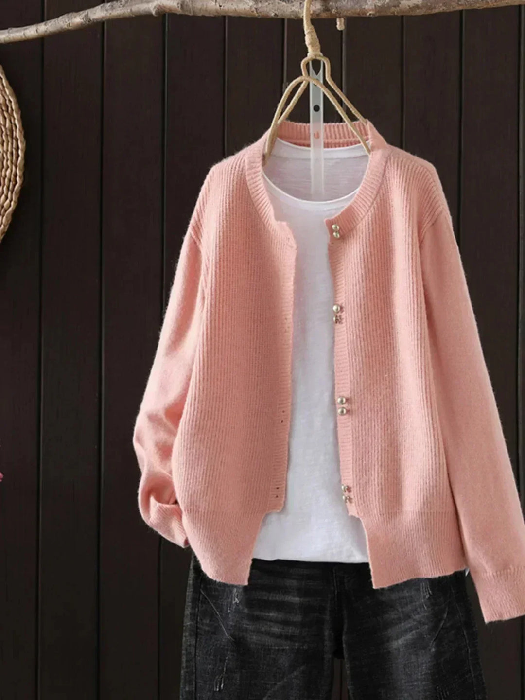 Knit Button-Front Crew Neck Cardigan with Ribbed Texture