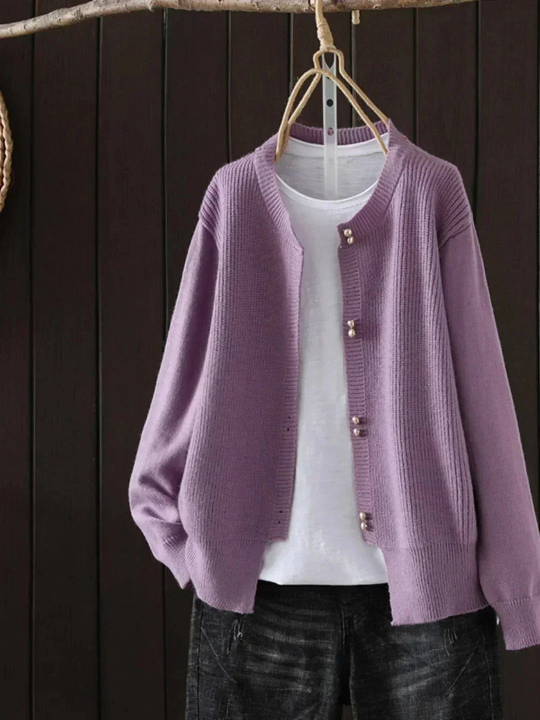 Knit Button-Front Crew Neck Cardigan with Ribbed Texture