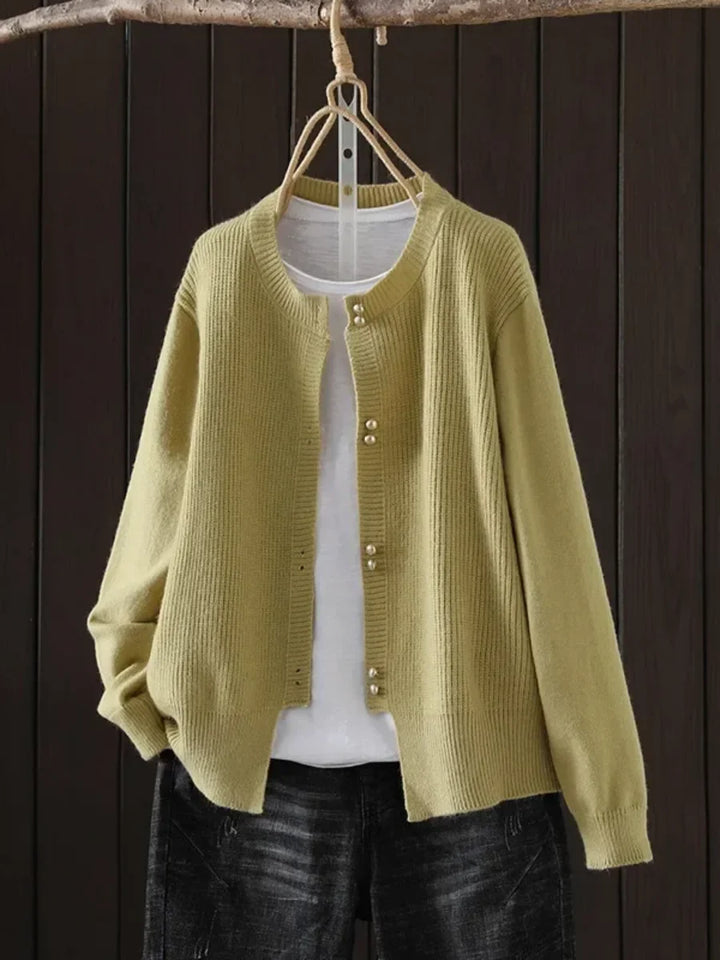 Knit Button-Front Crew Neck Cardigan with Ribbed Texture