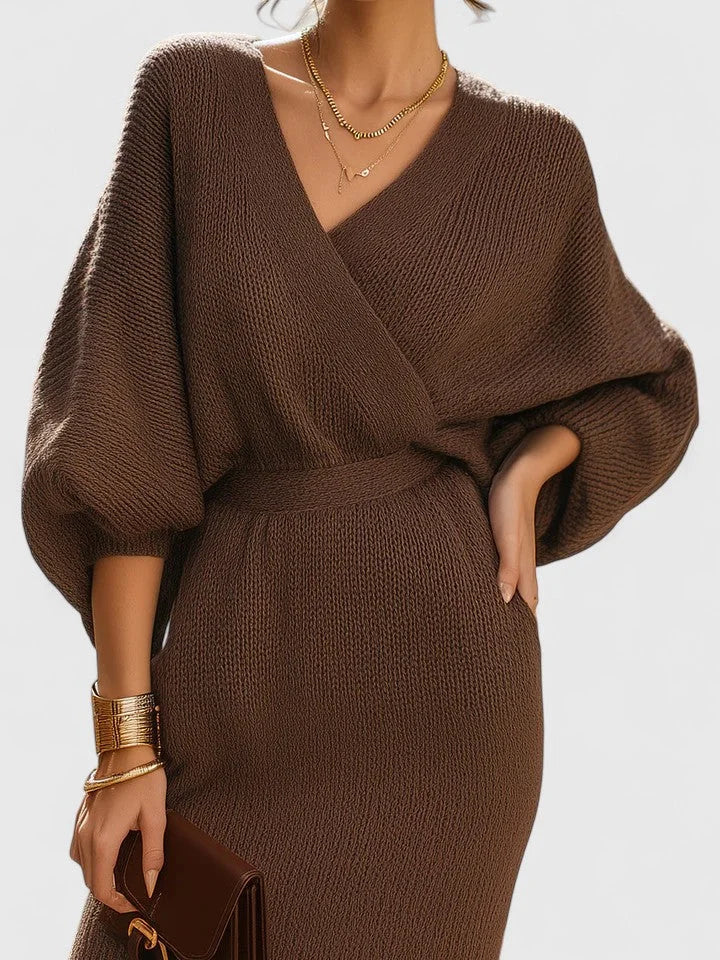 Knit Wrap Jumper Dress with Batwing Sleeves