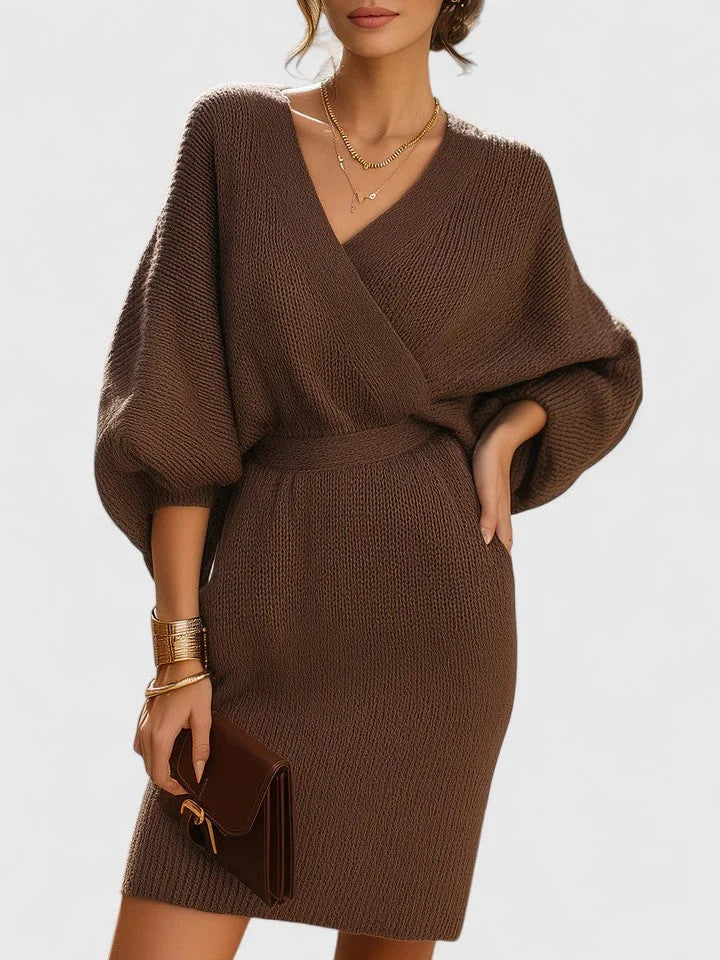 Knit Wrap Jumper Dress with Batwing Sleeves