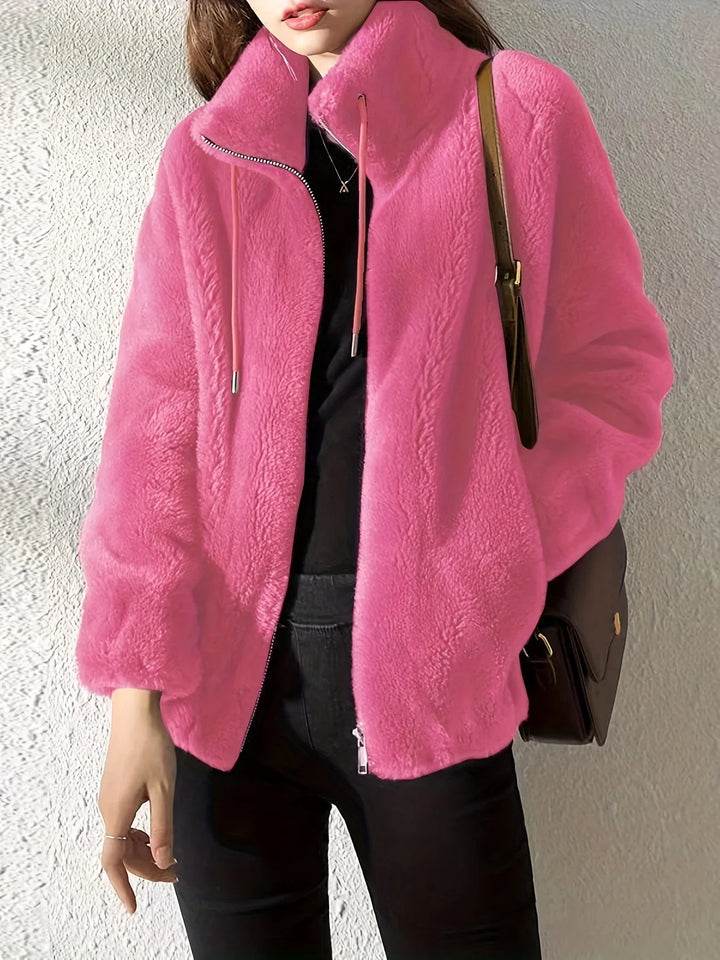 Zip-Up Stand Collar Jacket with Drawstring Waist