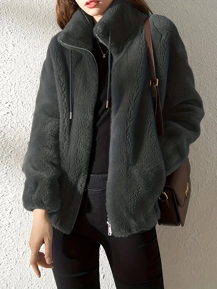 Zip-Up Stand Collar Jacket with Drawstring Waist