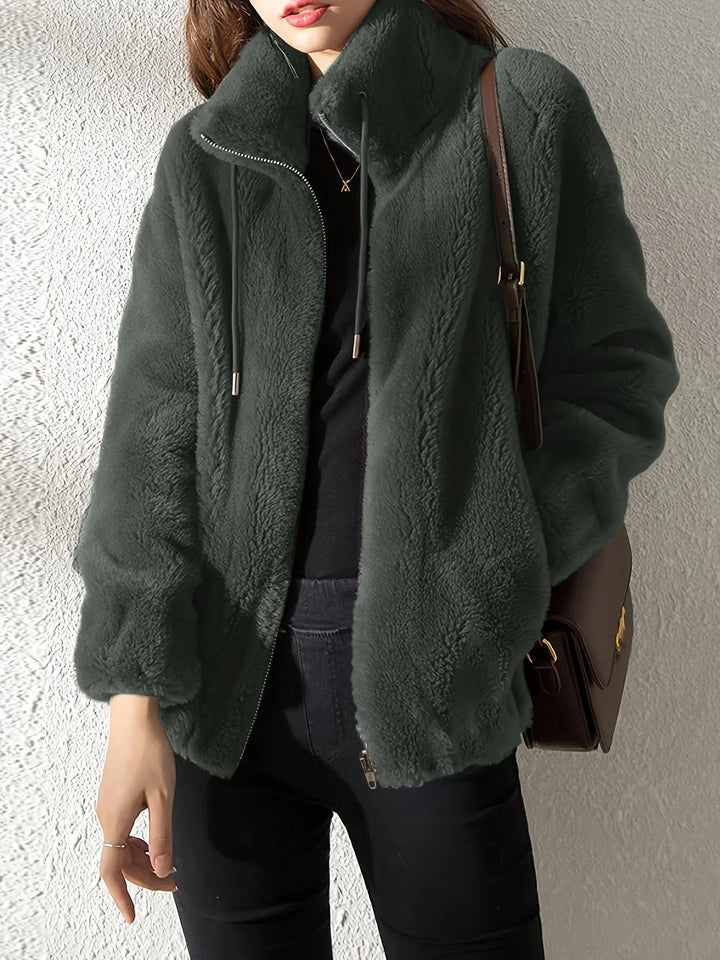Zip-Up Stand Collar Jacket with Drawstring Waist