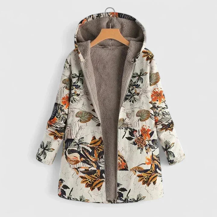 Floral Zip-Up Hood Parka with Sherpa Lining
