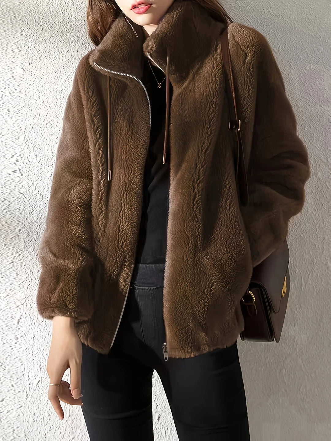 Zip-Up Stand Collar Jacket with Drawstring Waist